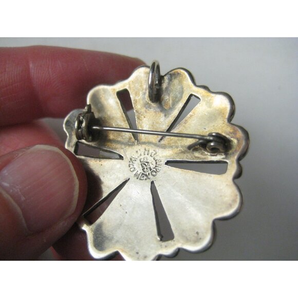 Campo Taxco Mexico Vintage Sterling Silver Abalone Onyx Inlay Brooch Pin 925 MCM - Picture 5 of 5